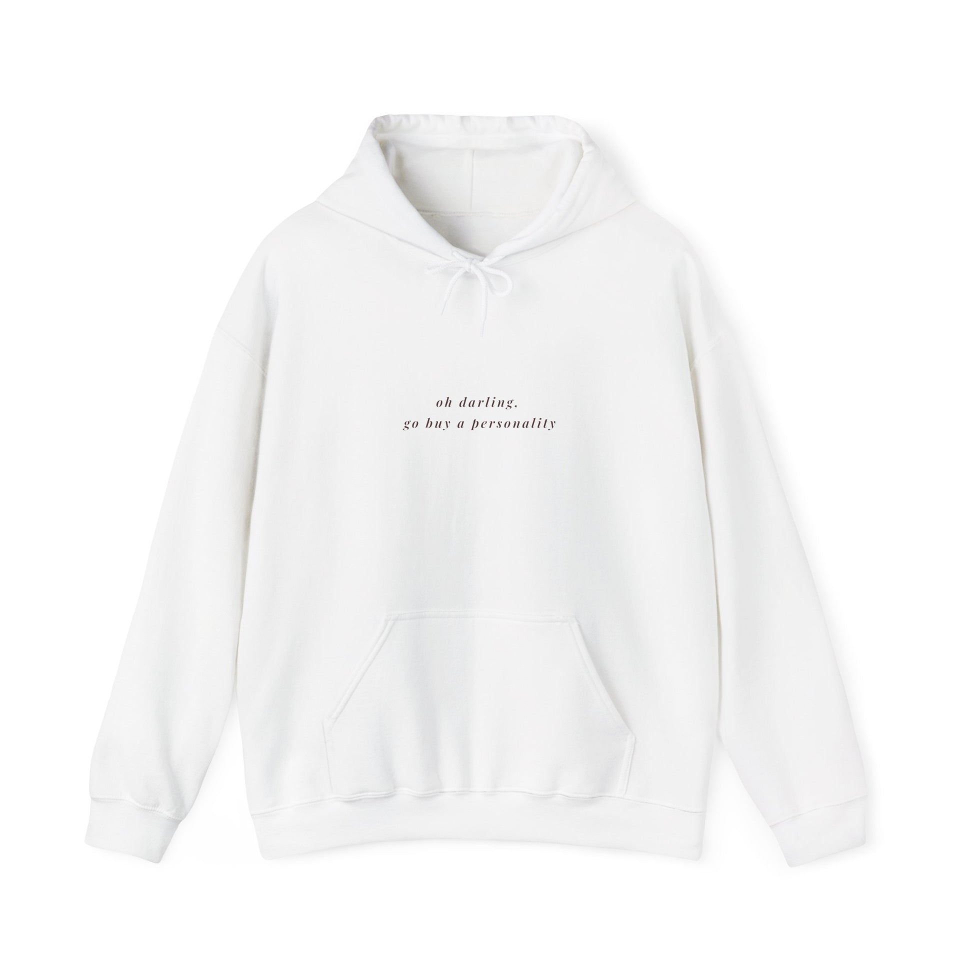 White sarcastic hoodie with circle design and text go buy a personality